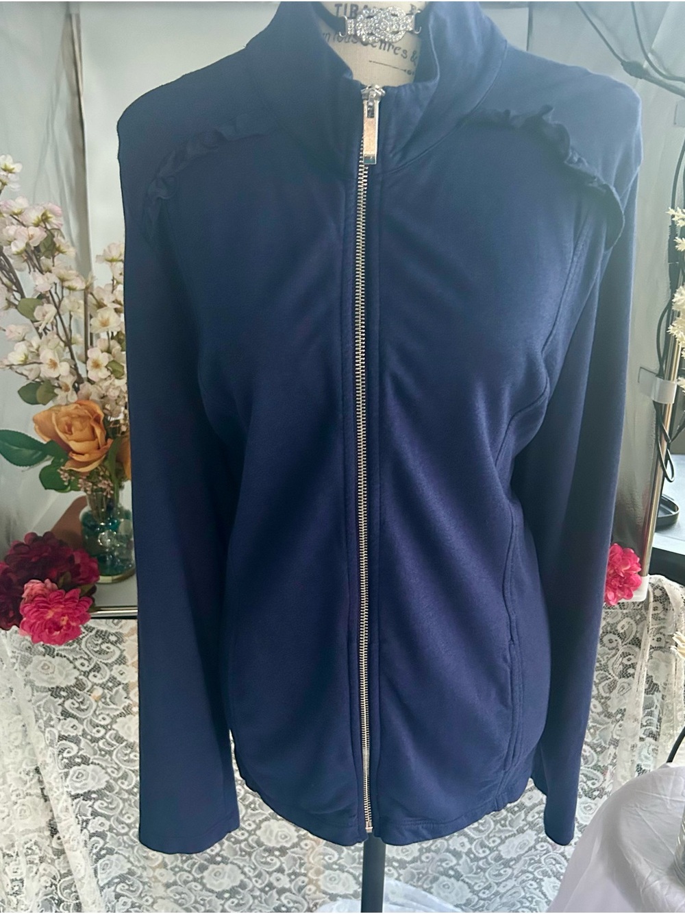 Cottagecore Lagenlook resort coastal Chico's Navy Full-Zip Jacket
